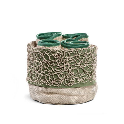 MONNALISA LIPARI 4 GUEST TOWELS IN A ROUND BASKET GREEN