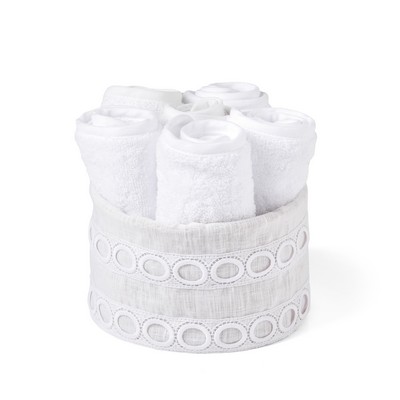 MONNALISA GENOVA 4 GUEST SPONGE TOWELS IN A ROUND BASKET